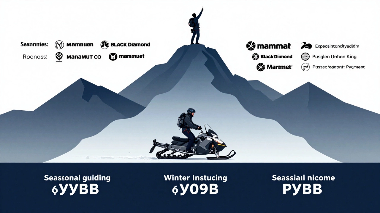 Визуализация годового дохода альпиниста: сезонная работа, зимняя подработка и спонсорские контракты, изображённые как слои горного силуэта.