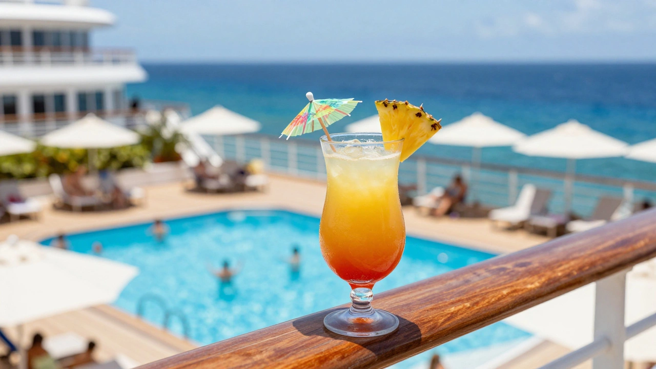 Яркий тропический коктейль на палубе круизного корабля на фоне бассейна