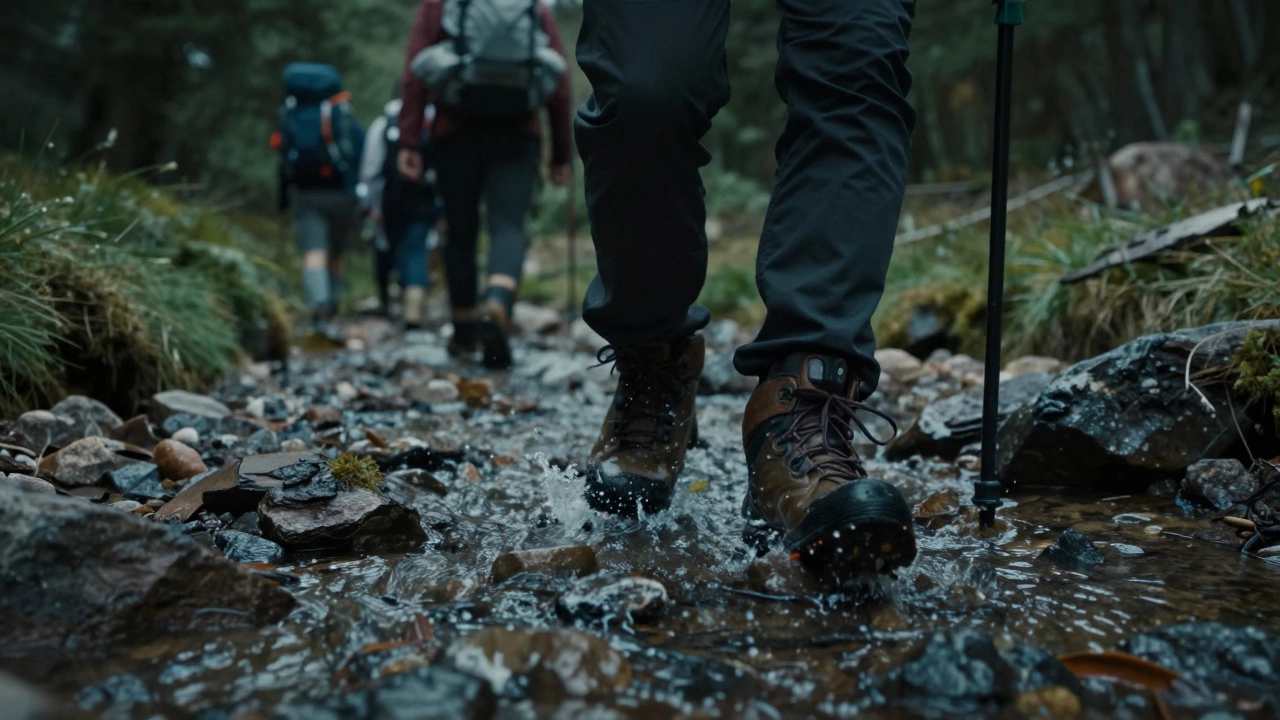 Ботинки туриста переходят вброд через горный ручей в дикой природе