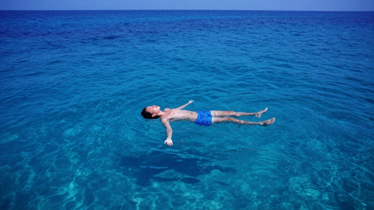 Человек peacefully плавает на спине в глубокой синей воде океана