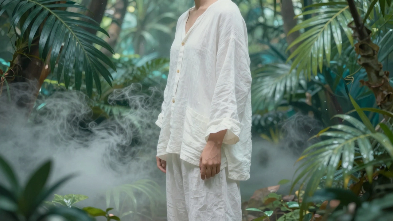Человек в льняной одежде в туманном влажном тропическом лесу