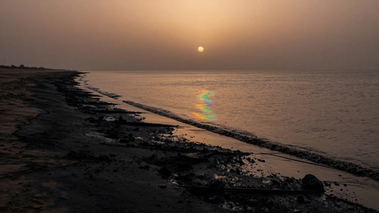 Черные нефтяные пятна и радужная пленка на берегу Персидского залива