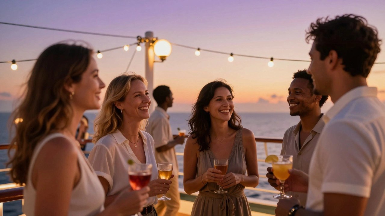 Группа людей разных национальностей общается на палубе лайнера на закате