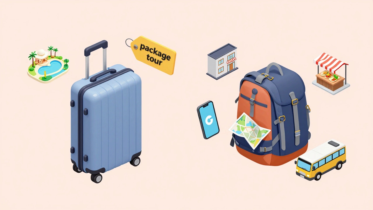 Иллюстрация, сравнивающая пакетный тур и самостоятельное бюджетное путешествие.