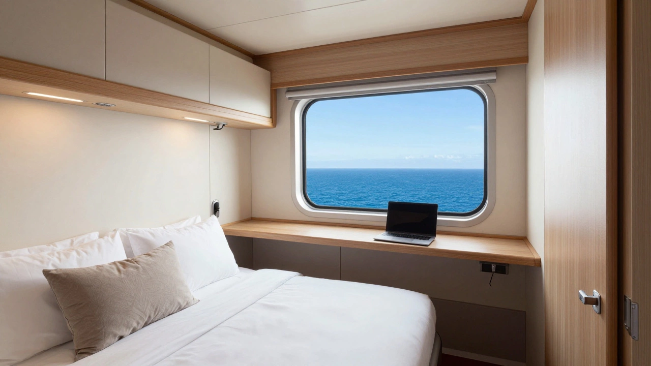 Интерьер уютной соло-каюты студии с видом на океан
