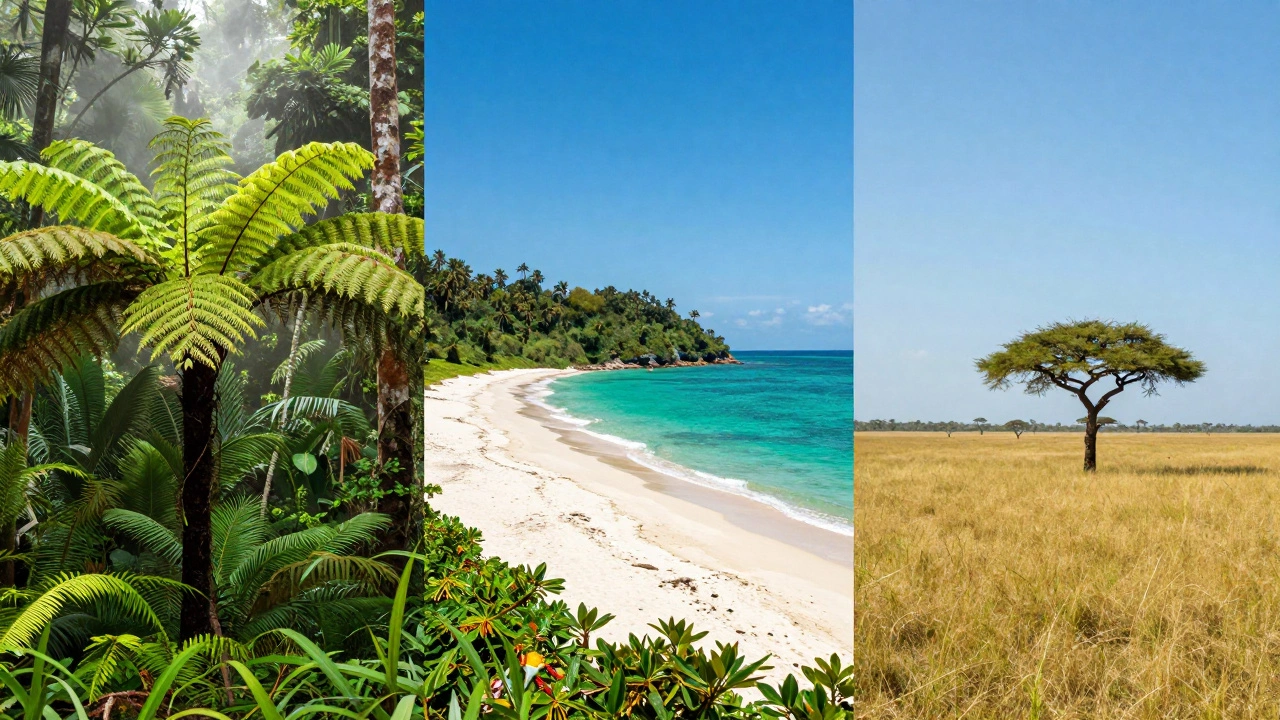 Коллаж из тропических джунглей, белоснежного пляжа и африканской саванны