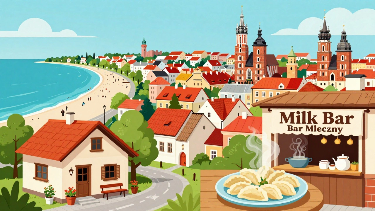 Коллаж с пляжами Албании и традиционным кафе в Польше