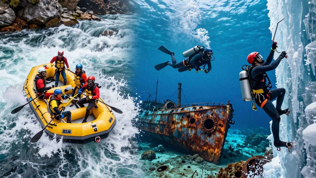 Коллаж с рафтингом, дайвингом у затонувшего корабля и альпинизмом