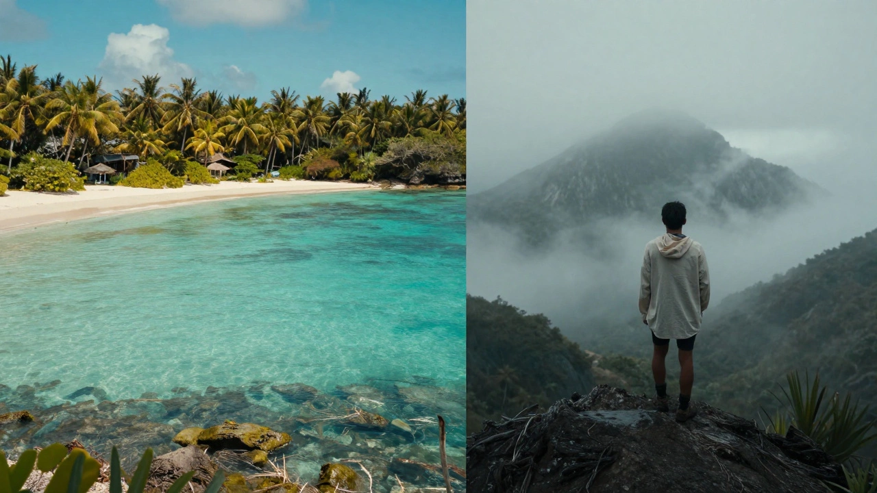 Контраст между жарким бирюзовым пляжем и прохладной вершиной горы