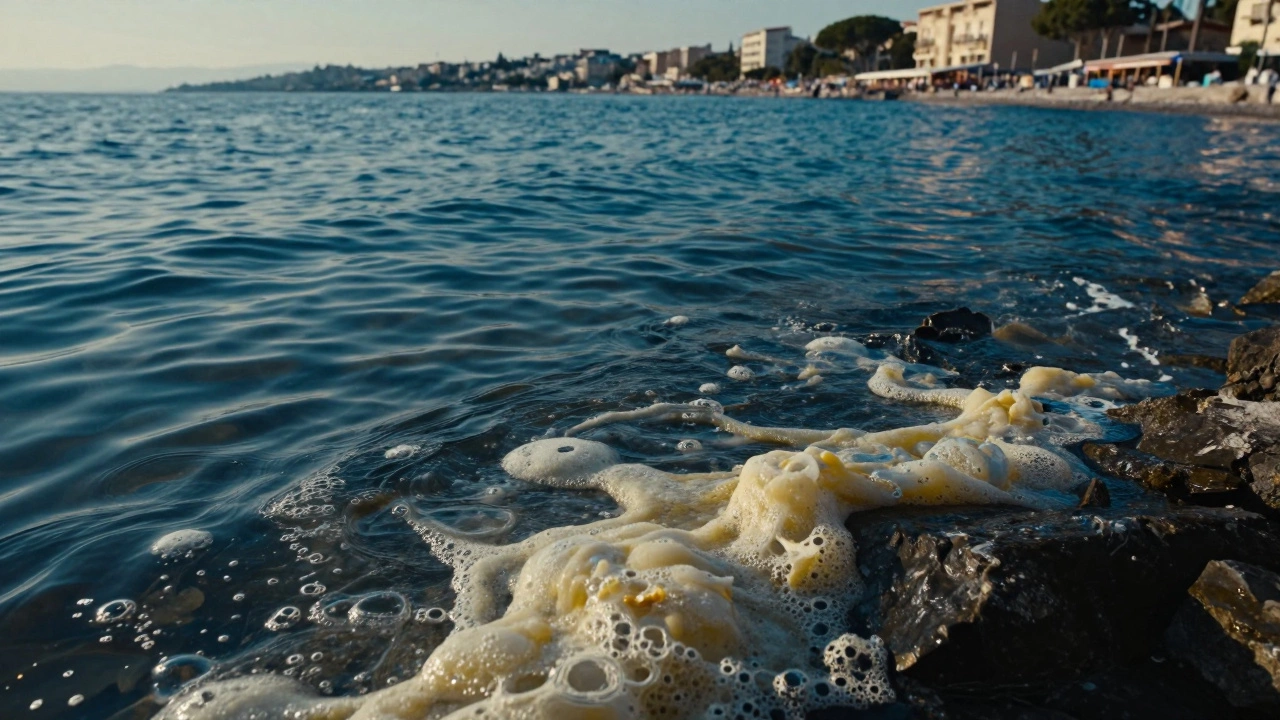 Маслянистая пленка и серая пена на поверхности воды Средиземного моря