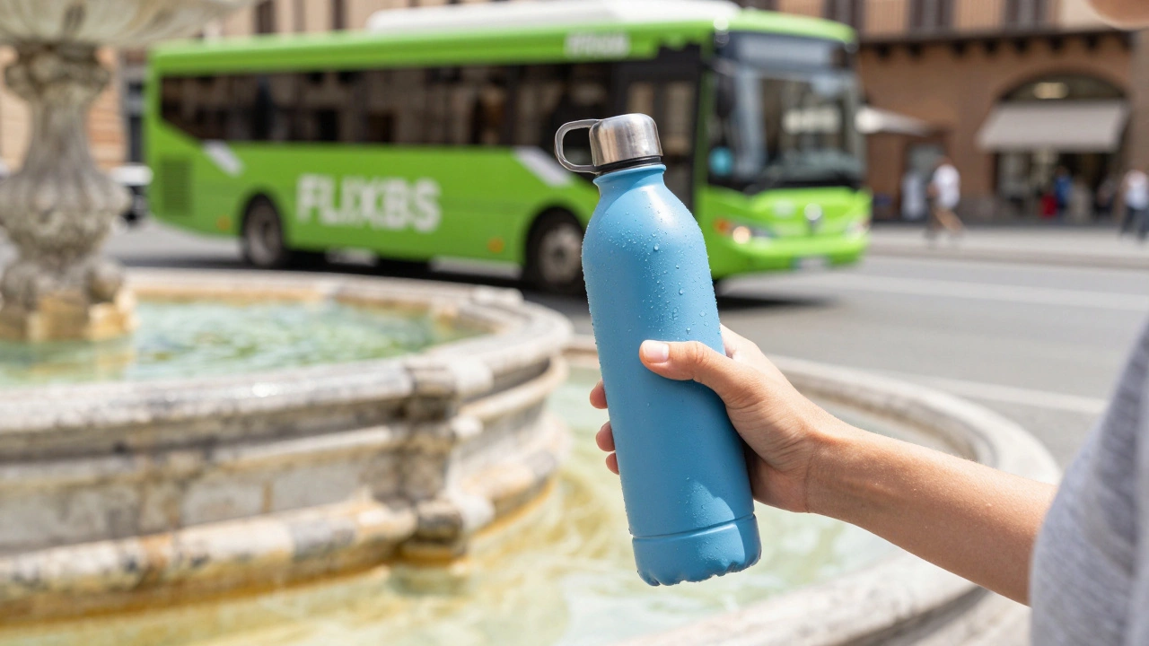 Многоразовая бутылка у городского фонтана и автобус FlixBus