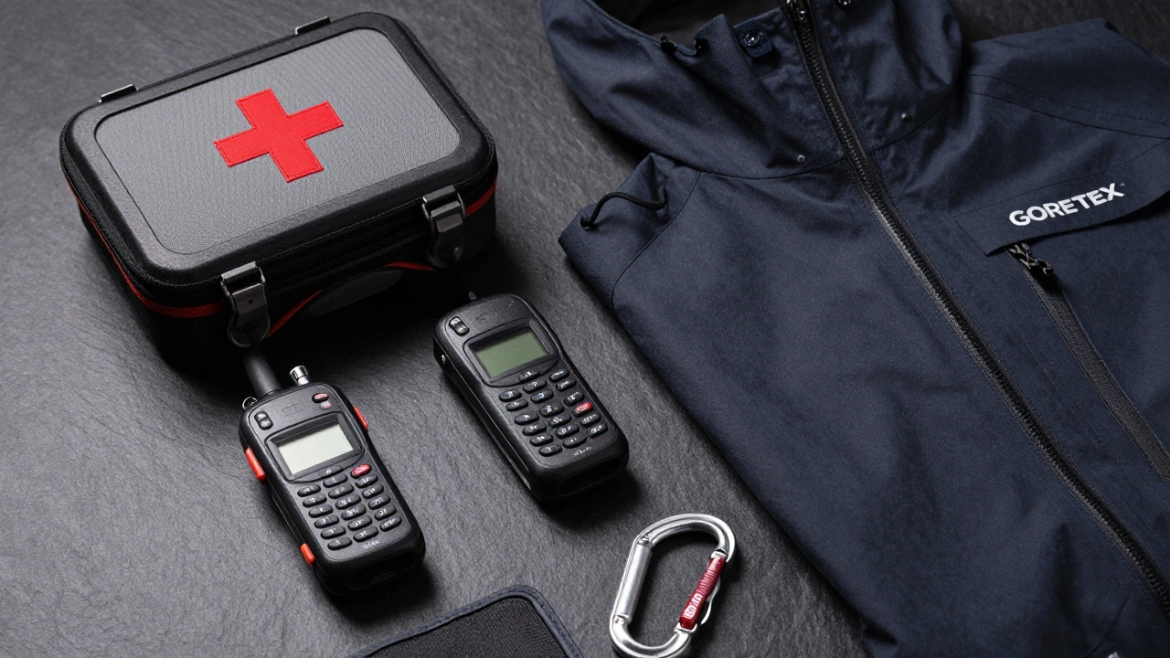 Набор снаряжения для безопасности: спутниковый телефон, аптечка и мембранная куртка