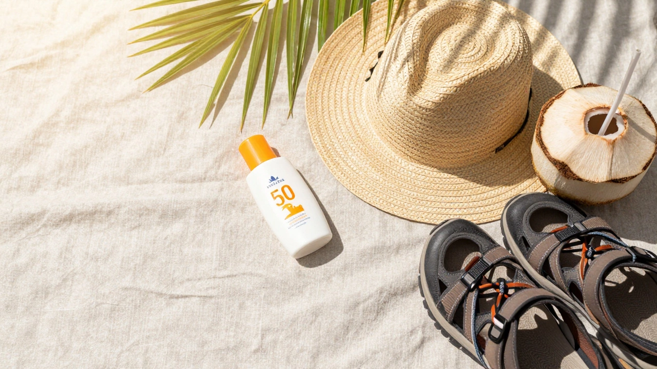 Набор вещей для поездки в тропики: солнцезащитный крем, шляпа и кокос