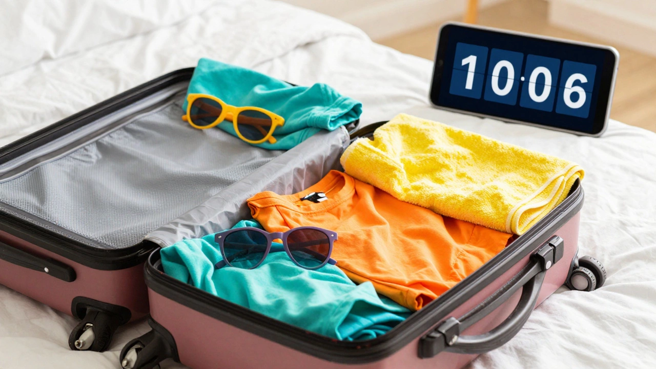 Раскрытый чемодан с летними вещами, символизирующий срочный горящий тур