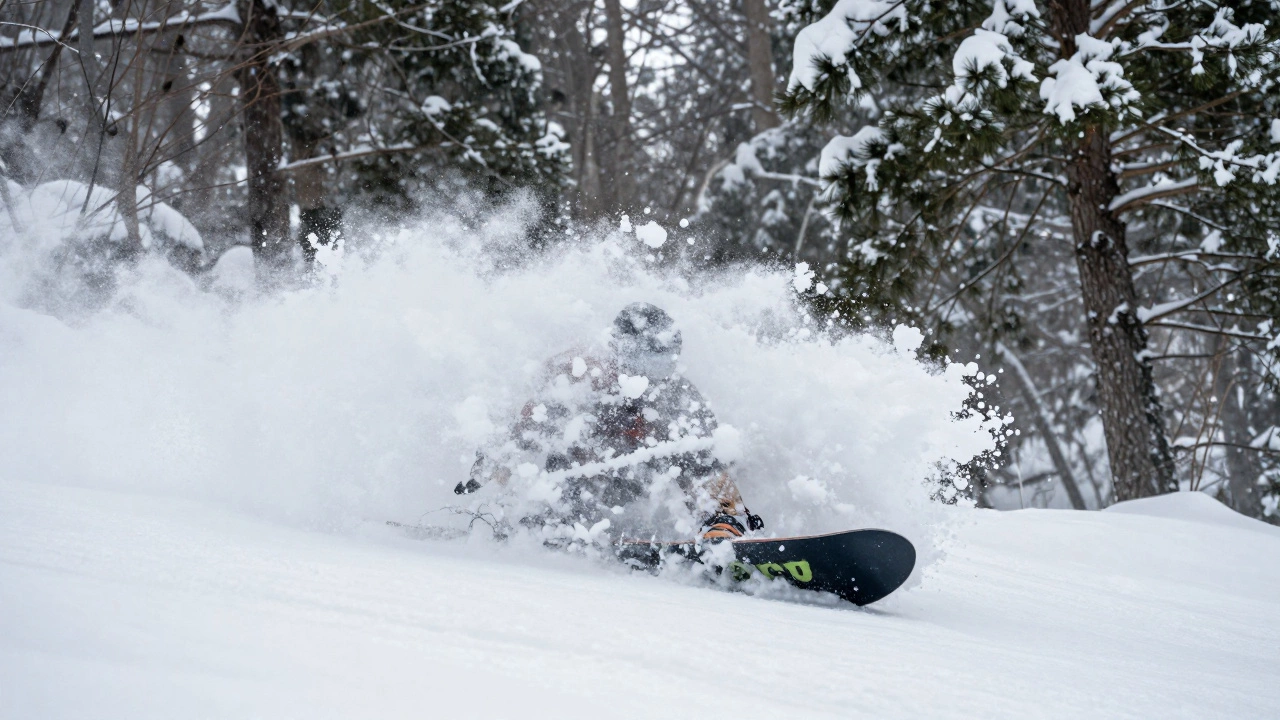 Сноубордист в глубоком пухляке среди заснеженного леса Японии