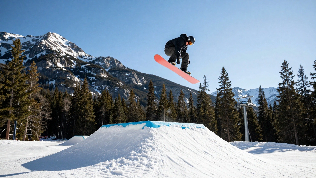 Сноубордист в прыжке в современном сноу-парке на фоне огромных гор США