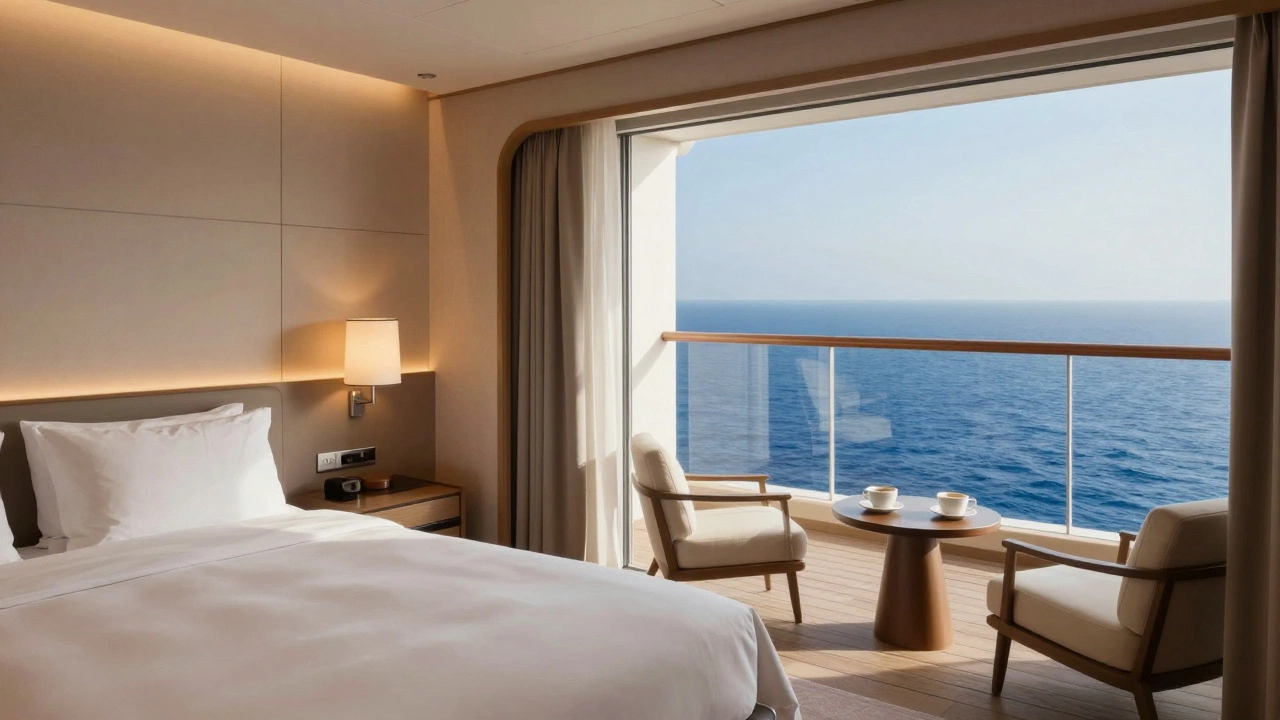 Сравнение уютной внутренней каюты и роскошного люкса с балконом и видом на море