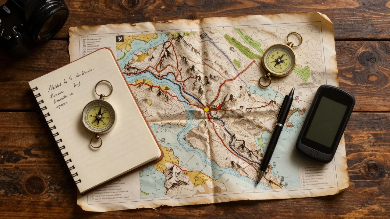 Топографическая карта, походный дневник и компас на деревянном столе