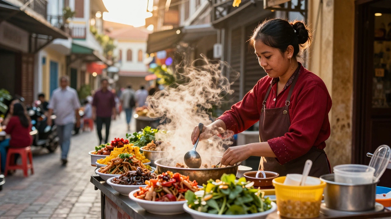 Уличная еда в колоритном переулке Азии, представляющая способ экономии в поездке.