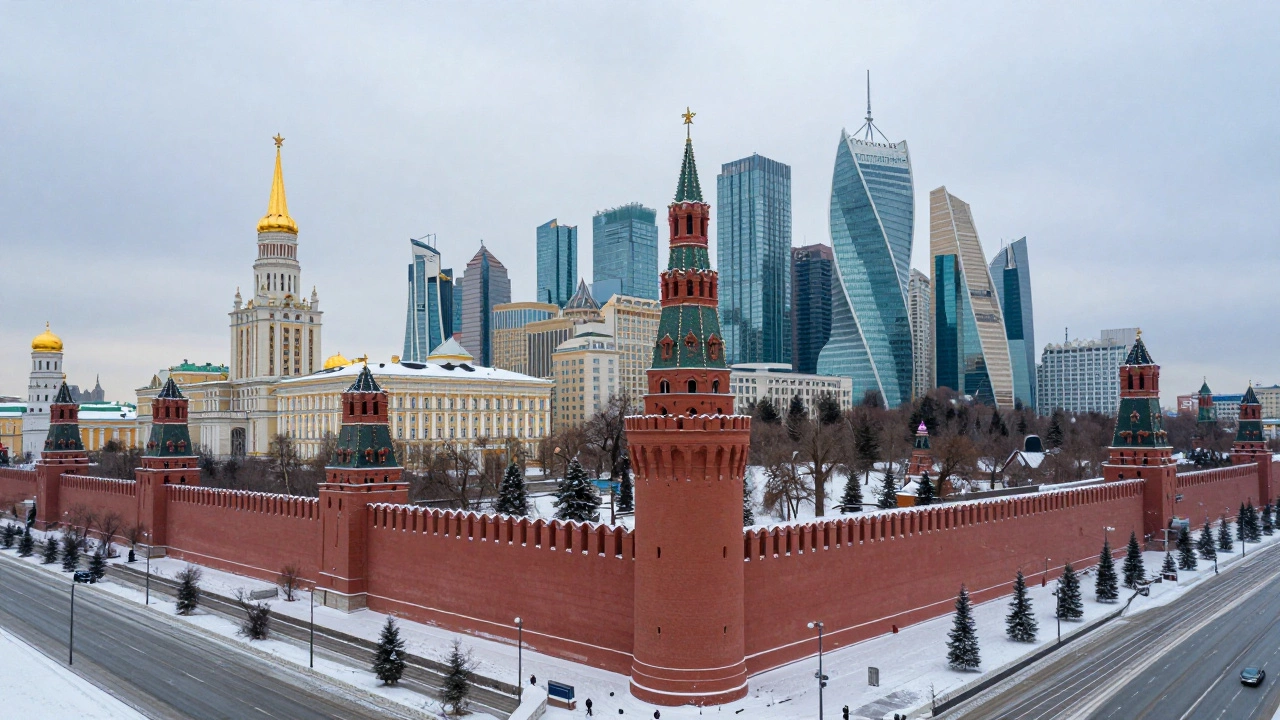 Контраст древнего Кремля и современных небоскребов Москвы зимой