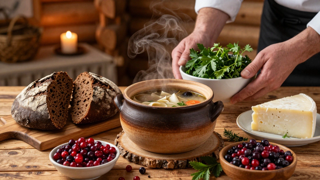 Традиционная сибирская кухня на деревянном столе